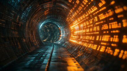 Dynamic digital stream of binary code forming twisted tunnel in cyberspace symbolizing high-speed internet global connectivity and big data flow in modern digitalization era