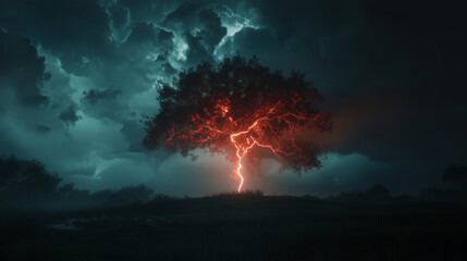 Fototapeta premium A storm with lightning branching like a glowing tree across the sky, creating an eerie spectacle