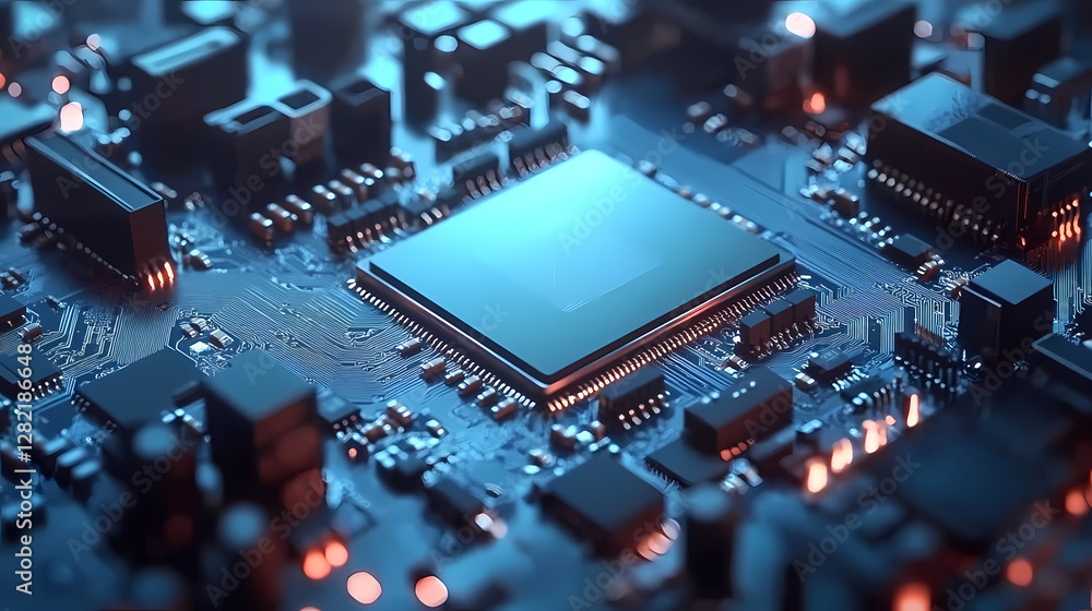 Poster macro shot of circuit board with blue tech vibes