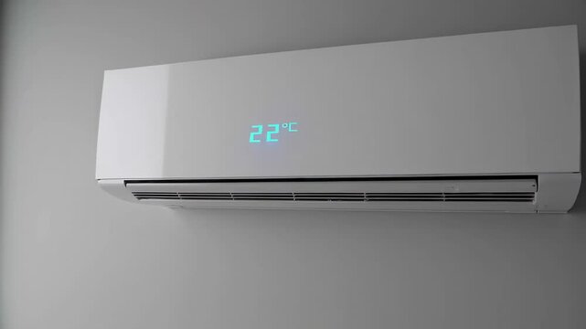 White air conditioner unit mounted on a gray wall, displaying a constant temperature of 22 degrees celsius, captured in a slow motion sequence