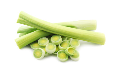 Whole and cut leeks isolated on white