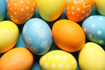 Beautiful decorated Easter eggs on light blue background, top view