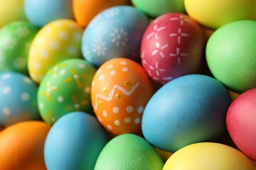 Beautiful decorated Easter eggs as background, closeup