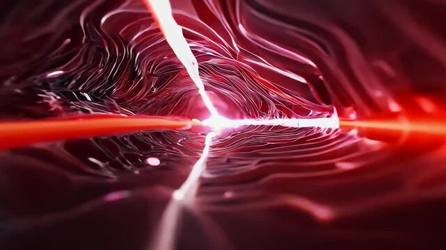 Abstract  ai video close-up view of glowing red blood vessels, with light streaks running through them, symbolizing blood flow and energy transmission.
