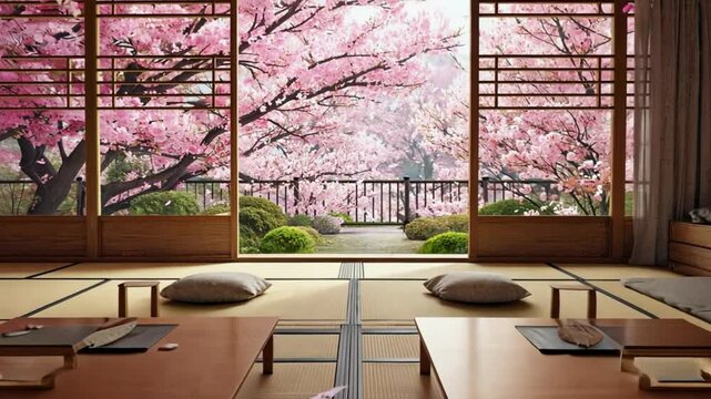 Traditional Japanese tatami room with sliding doors open to a view of cherry blossoms in a garden