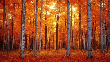Fototapeta premium A vibrant autumn forest with golden and red leaves glowing in the warm light of sunrise