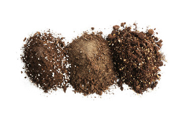 Piles of fresh soil isolated on white, top view