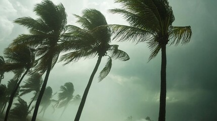Strong wind bending palm trees during hurricane or tropical storm