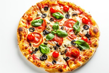 Pizza Capricciosa, Traditional Italian Pizza with Tomato Sauce, Mozzarella Cheese, Ham, Mushrooms, Artichokes, and Olives, Delicious Pizza Capricciosa Isolated on White on a Background with Copy Space