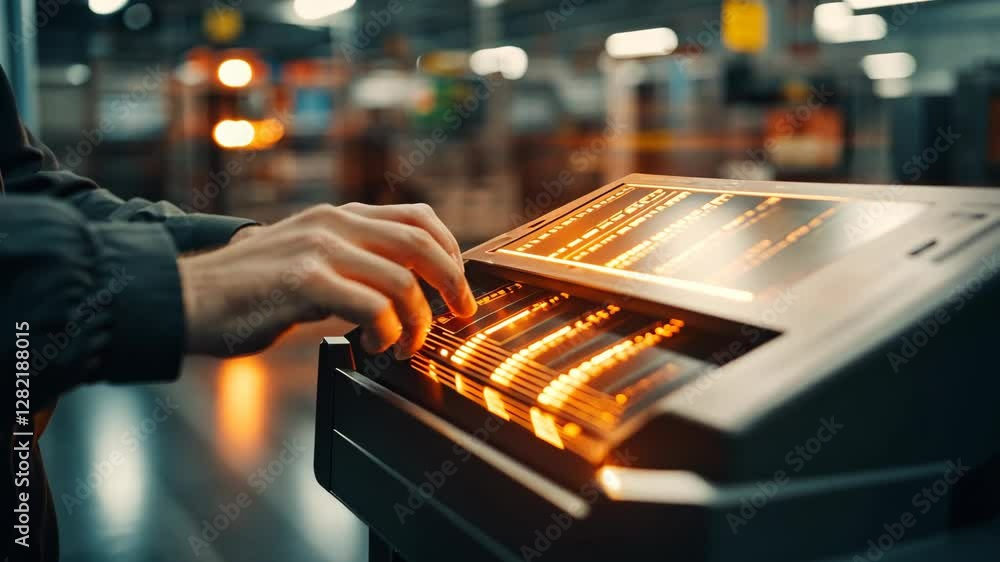 Aufkleber man operating industrial control panel, futuristic technology interface, illuminated display.