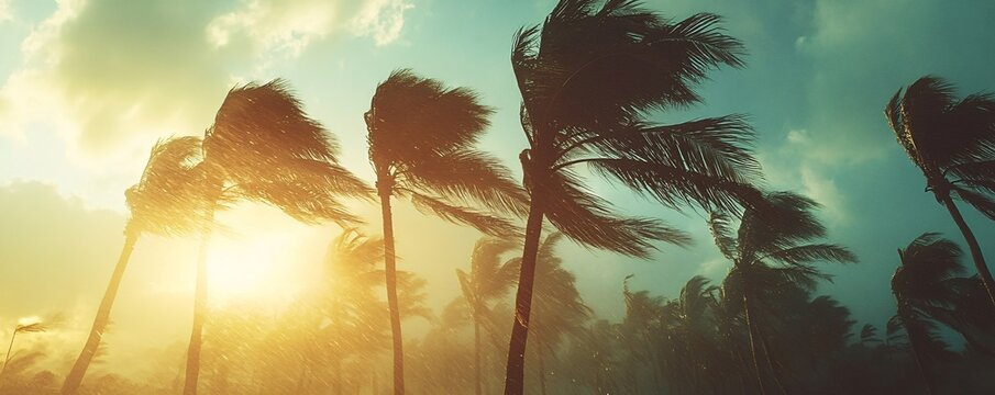 Wind blowing palm trees during sunset with dramatic sky