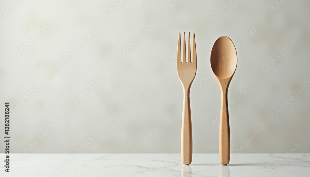 Aufkleber Realistic wooden fork and knife mockup, positioned parallel on clean surface with soft reflections, highlighting lightweight and compostable properties