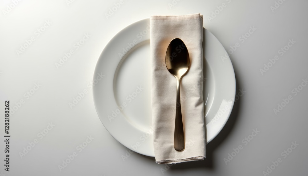 Poster minimalistic dining setup with single spoon resting on folded linen napkin, top-down view, soft ligh