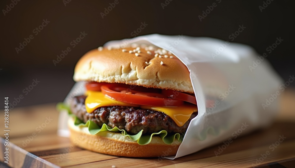 Poster A burger partially wrapped in white wax paper, sitting on a rustic wooden table with minimal objects and high detail and copy space