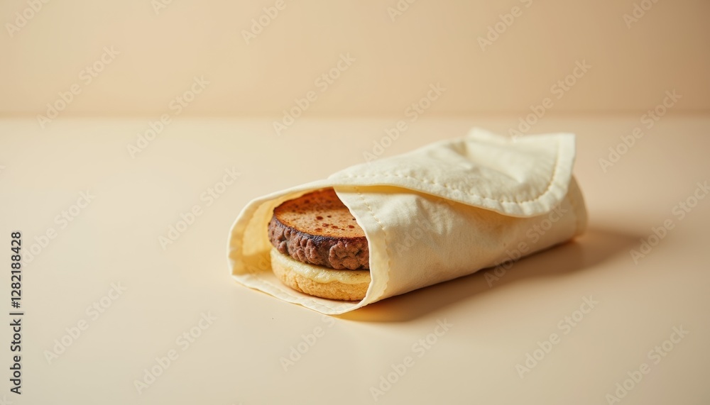 Poster A single burger wrap with a simple, clean fold, placed on a solid-colored surface with minimal composition and realistic textures and copy space