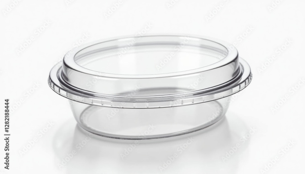 Poster A clear plastic soup container with a transparent lid, isolated on a clean white background with high detail and soft shadows and copy space