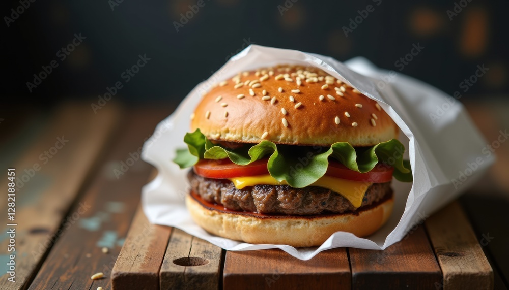 Aufkleber  A burger partially wrapped in white wax paper, sitting on a rustic wooden table with minimal objects and high detail and copy space