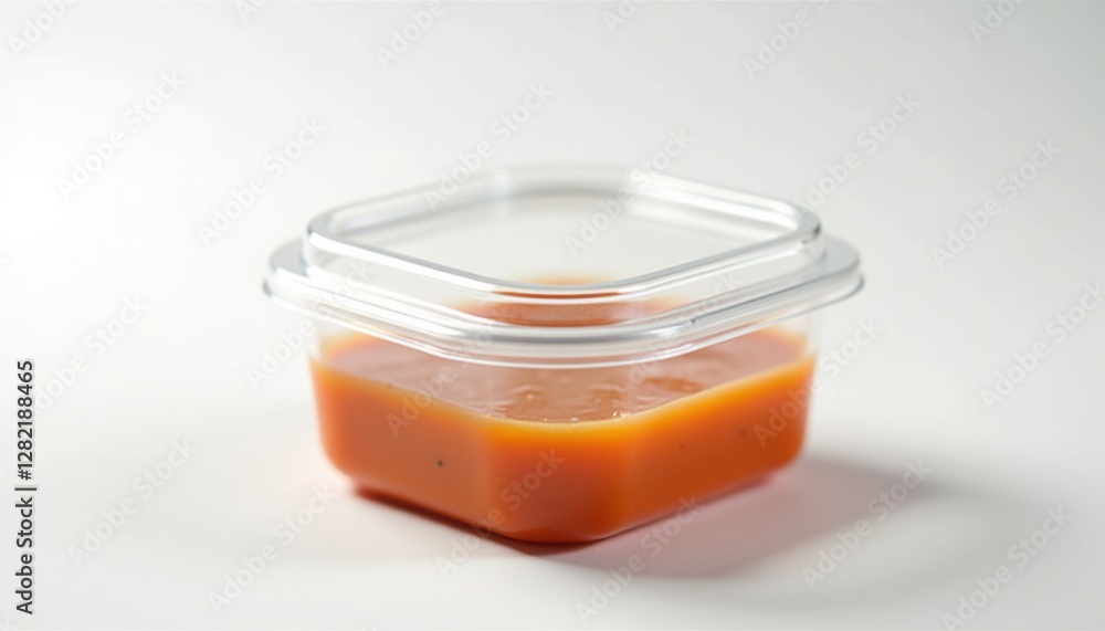 Aufkleber a close-up of a clear plastic container with a lid, perfect for soup, sitting on a simple white back