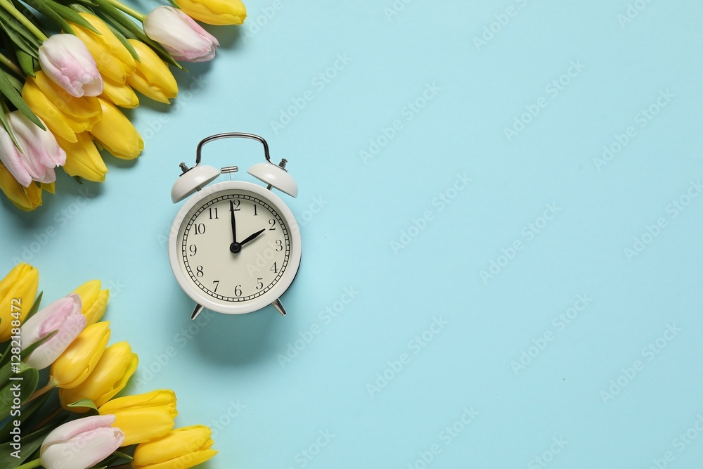 Poster spring time. alarm clock and beautiful tulips on light blue background, flat lay. space for text