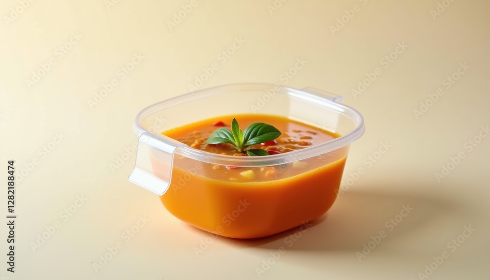 Aufkleber a plastic soup container with a transparent lid, filled with vibrant soup, isolated on a light backg