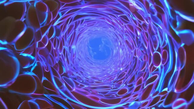 Abstract view of glowing red blood cells flowing through a blood vessel, ai video with a vibrant blue and purple glow creating a dynamic biological scene.
