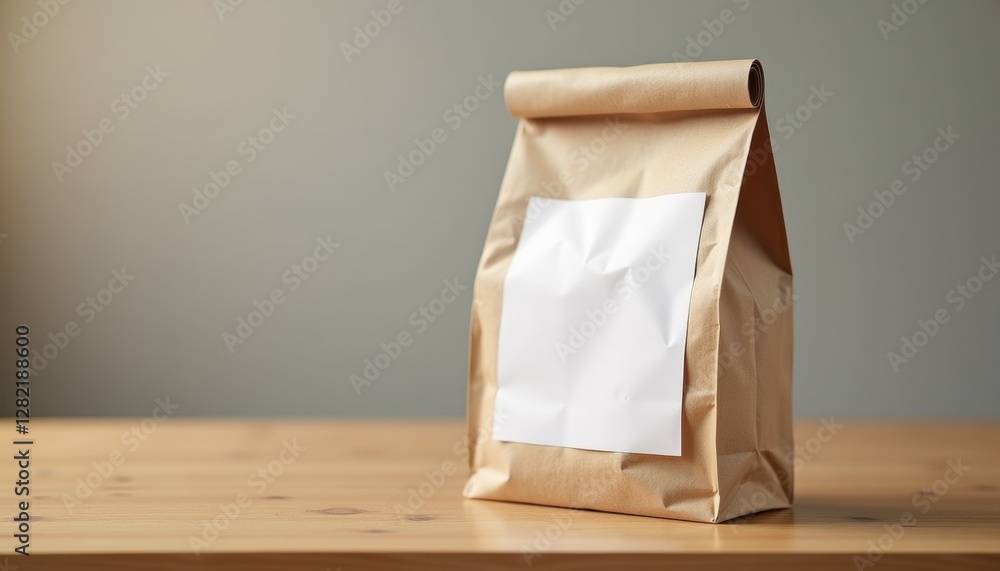 Poster A plain paper sandwich bag with a blank label space, placed on a wooden table with clean and minimalistic setup and copy space