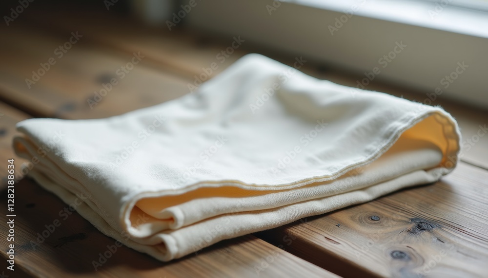 Aufkleber A soft fabric napkin, folded neatly, placed on a rustic wooden table with natural lighting and clean, simple design