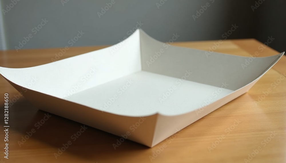 Aufkleber paper tray with clean fold, positioned on a wooden table with soft natural lighting and simple compo