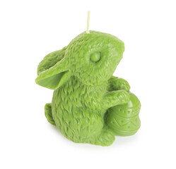 Green bunny-shaped candle isolated on white. Easter decor