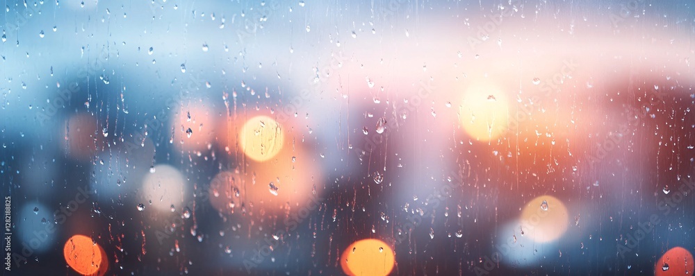 Poster rain falling on window creating abstract bokeh effect at dusk
