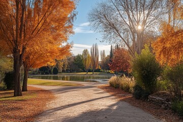 Fototapeta premium Beautiful autumn park landscape with vibrant orange trees near calm lake in bright daylight