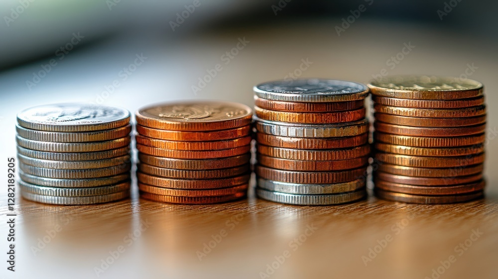 Poster stacks of coins arranged in order of size on a wooden surface with soft natural lighting