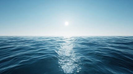 Obraz premium Calm ocean, sunlit surface, clear sky, horizon view, travel background