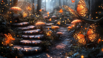 Whimsical fantasy forest with vibrant colors magical atmosphere mystical creatures glowing flora dreamlike scenery evoking wonder imagination and a sense of discovery in a modern fantasy world