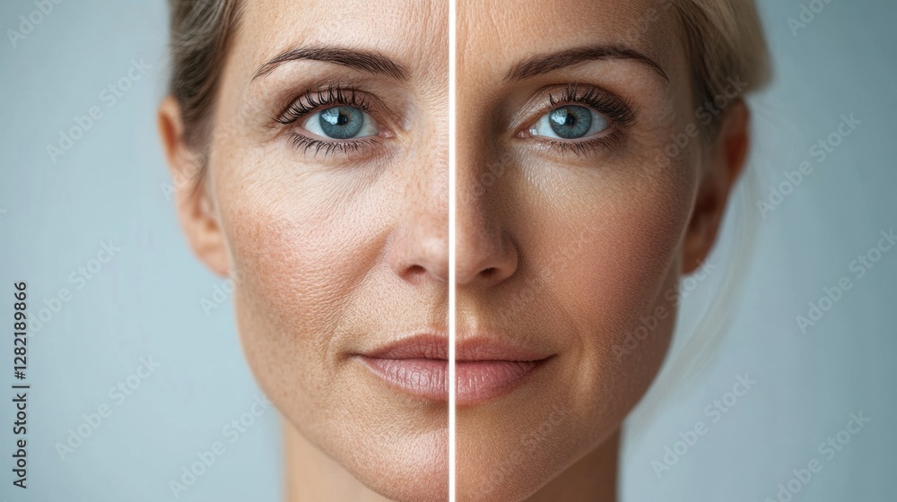 Poster comparison of aged and youthful skin represented by a womans face highlighting effects of time on be