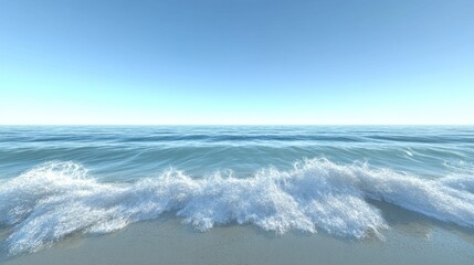 Fototapeta premium Calm ocean waves on sandy beach, sunny sky; travel brochure