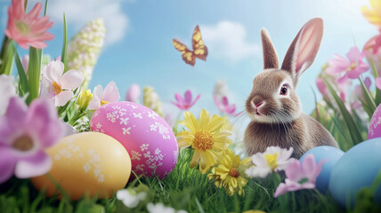 Obraz premium Cute Easter Bunny with Colorful Eggs and Spring Flowers in a Sunny Meadow