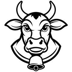 Brown Cow with Bell - Vector Illustration, Clipart & Line Art on White Background, Brown cow with a bell vector illustration, perfect for clipart, cartoons, and line art designs.