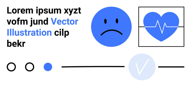 Sad face emotion, heart with heartbeat line, progress indicators, and lorem ipsum text in blue and black. Ideal for emotion, health, progress tracking, minimalism, icons user interface educational