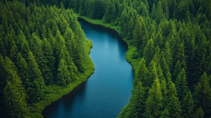 Aerial view of a green forest with a river in the middle, drone photography.