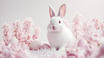 Obraz premium Elegant White Bunny in a Pastel Pink Easter Wonderland