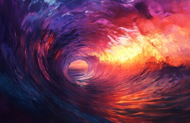Colorful bright sunset view through the wave.