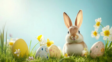 Adorable Easter Bunny with Colorful Eggs in Spring Meadow