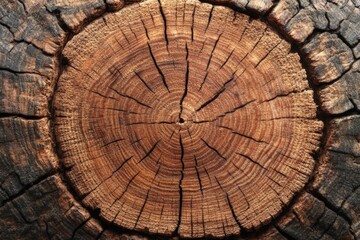 Fototapeta premium Circular cross-section of a tree trunk showing growth rings and texture in natural wood hues