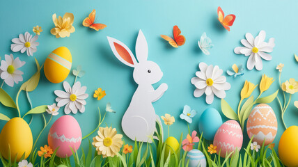 Springtime Easter Paper Cut Scene with Bunny and Colorful Eggs
