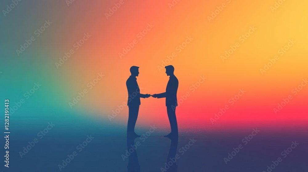 Poster two business professionals shaking hands to finalize a contract against an abstract colorful backgro