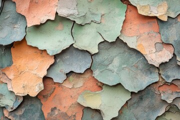 Colorful textured wall made of overlapping tiles in various shades, showcasing intricate design and craftsmanship