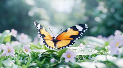 Fototapeta premium Orange and black butterfly resting on green leaves in a sunny garden with soft bokeh.
