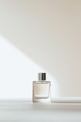 Modern perfume packaging showcasing clean lines and dual-texture glass design photographed in high-key style