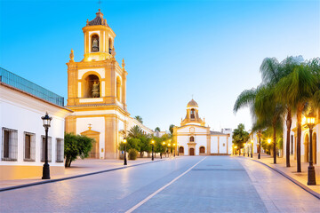A beautiful historic church in a peaceful town square with palm trees, highlighting the traditional architecture and cultural atmosphere of the location.